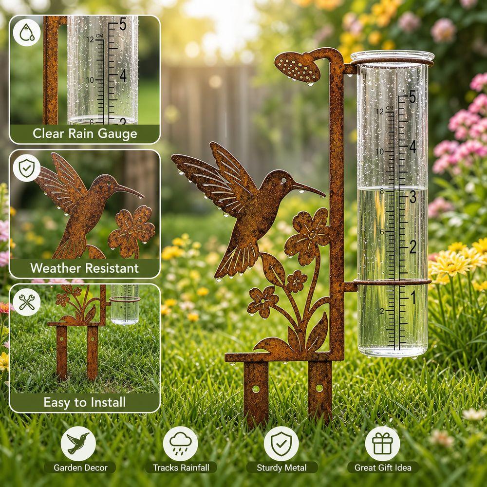Bird Shape Rain Gauge Stake Iron Bird Feeding Station New Bird Bath Feeder Patio Decor