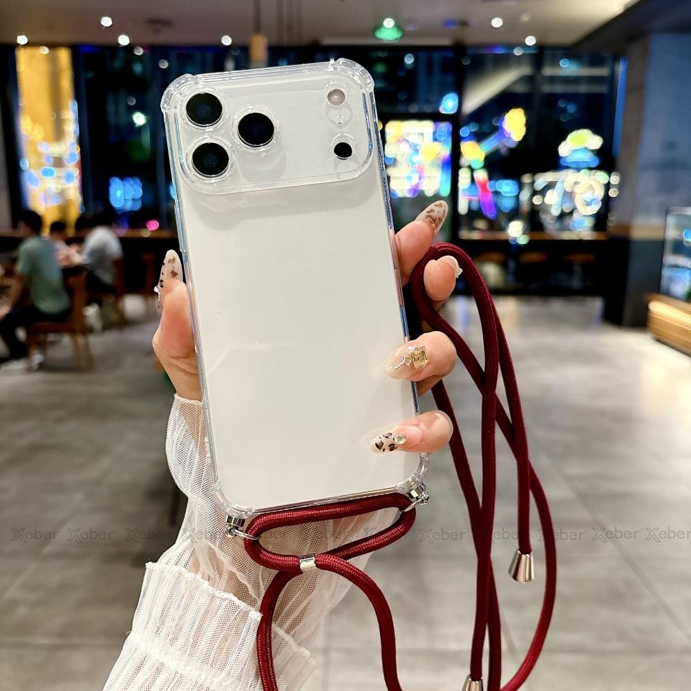 Ударопрочный Прозрачный Мягкий Бампер Чехол Для Для Iphone 17 16 1 14 Pro Max Plus Ремешок-Шнурок На Шею Верёвка Нейлоновая Чехол