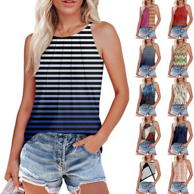 Женские летние майки-топы с плиссировкой и принтом O-образного выреза, повседневные майки-топы для женщин, свободные рубашки без рукавов