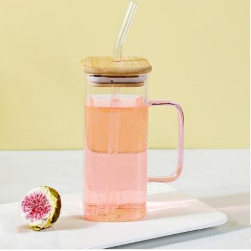 High Value Glass Straw Cup with Cover Square Color Handle Transparent Glass Milk Tea Flat Bottom Single Layer Cup