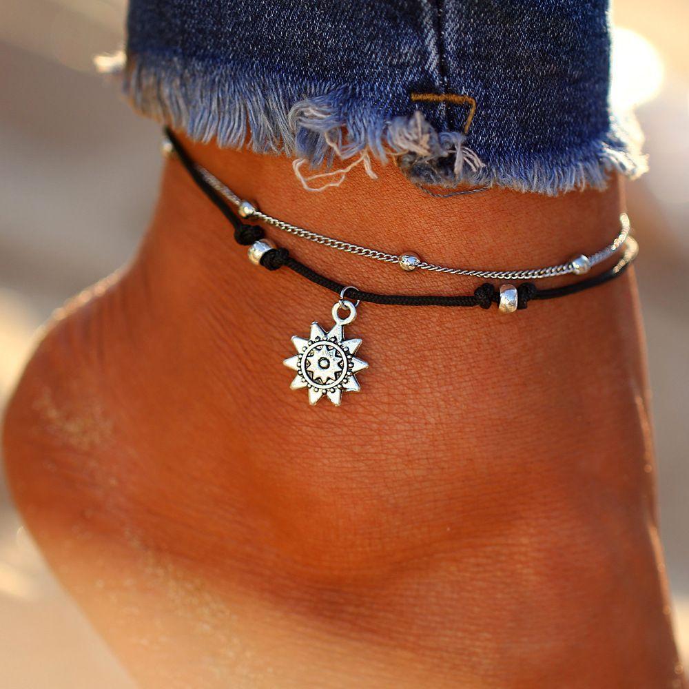 Vintage Fashion Leather Multi Layer Women Anklets Sun Pendant Beads Charm Foot Chain