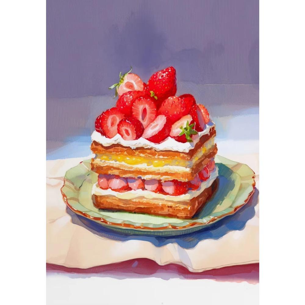 Cream Fruit Cake Watercolor French Pastry Illustration Poster Canvas Wall Art Print Picture Colorful Kitchen Home De
