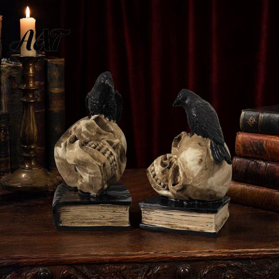 Spooky Bookshelf Display Figurines Halloween Skull Head Statue, Gothic Crow And Book Sculpture, Statue with Resin for Home Party Table