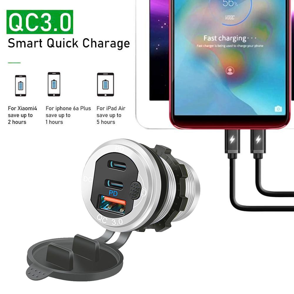 Автомобильное зарядное устройство USB 12 В/24 В, порты PD3.0 и QC3.0 Type-C, водонепроницаемое, со светодиодным сенсорным переключателем, 115 Вт, автомобильный мото-адаптер для быстрой зарядки