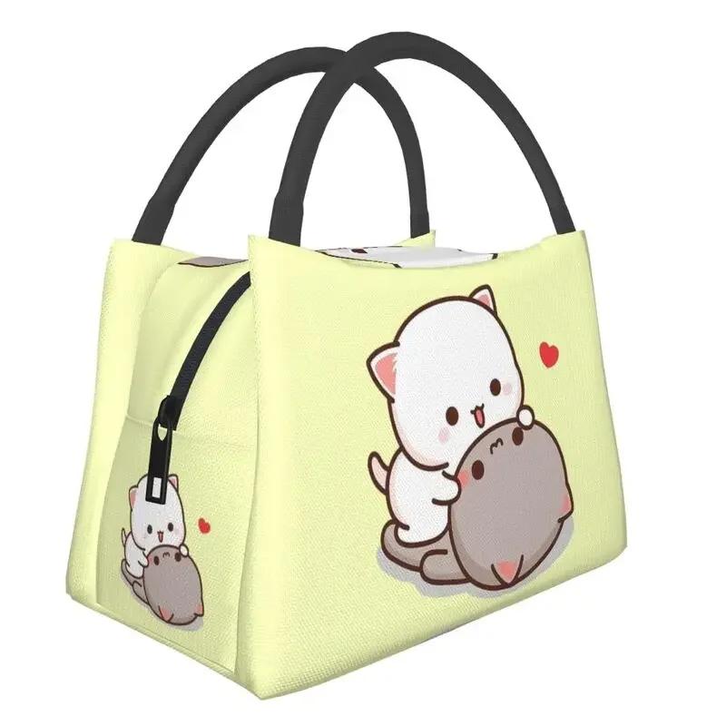 Kawaii Mochi Cat Peach And Goma Thermal Insulated Lunch Bags Women Resuable Lunch Tote for Outdoor Picnic Storage Meal Food Box