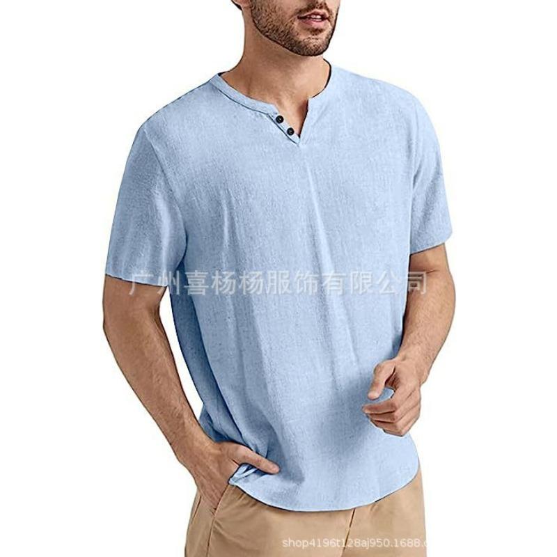 Мужская повседневная футболка-henley из льна и хлопка с коротким рукавом