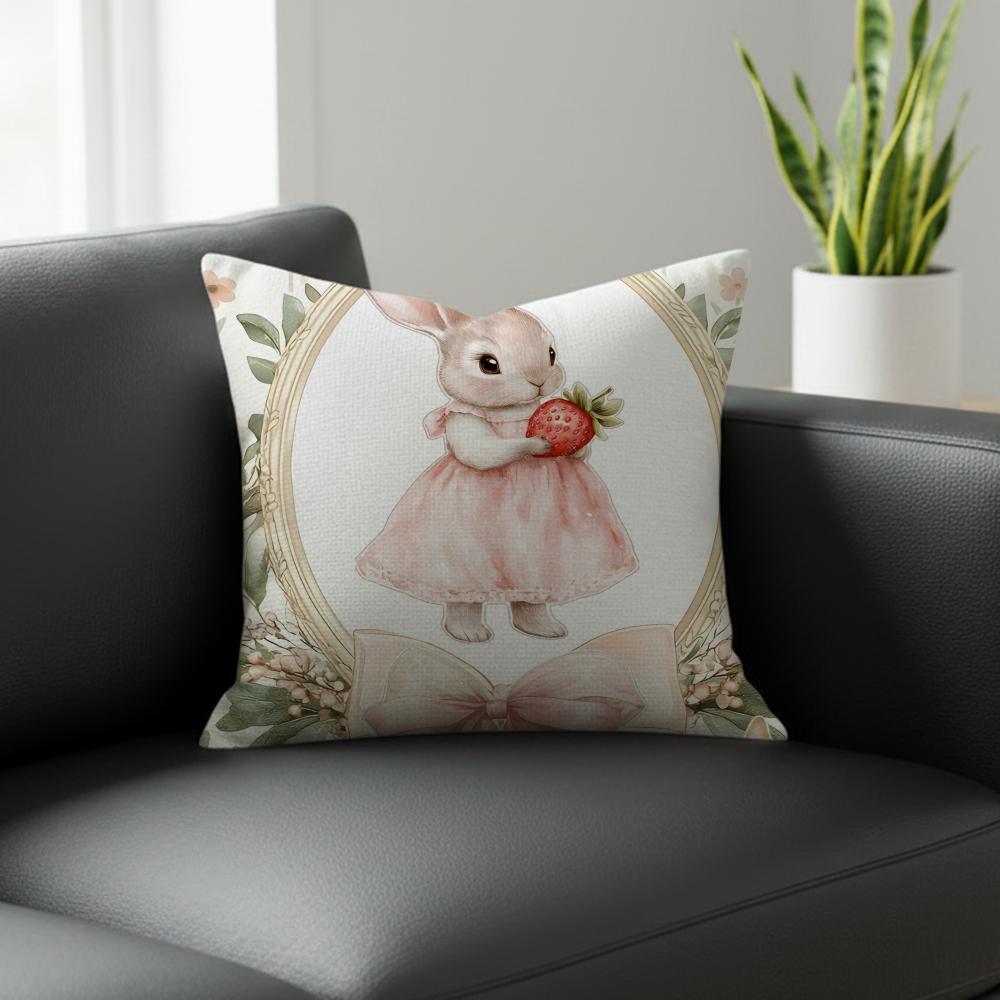 E-Easter Bunny Pattern Cushion Cover Natural Linen Pillowcase Set, All-In-One Decor For Sofa, Bedroom & Chair