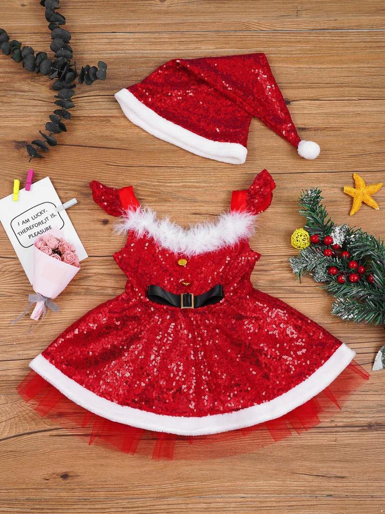 2PCS Kids Girls Sequin Christmas Santa Claus Costume Baby Dress Up Party Dance Dress Outfits