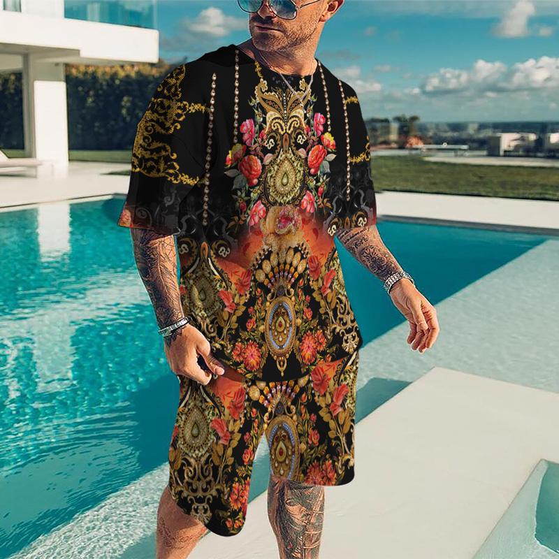 Летний быстросохнущий мужской спортивный комплект, состоящий из 2 предметов с 3D-печатью, золотой линией, черный комплект, мужская футболка в европейском роскошном стиле + пляжные брюки