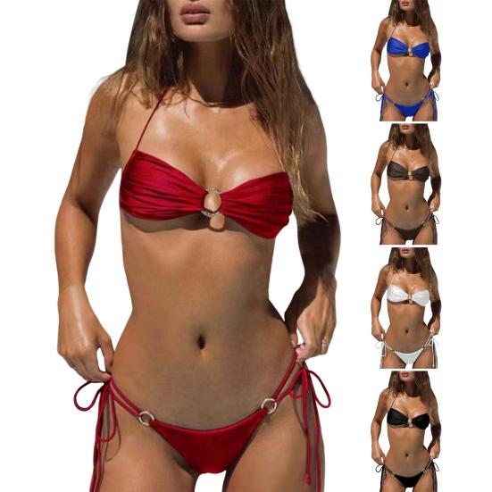 Женский купальник из двух частей, бикини с треугольными чашечками и завязками на шее, с металлическими кольцами, плиссированный купальник с вырезом, пляжная одежда для вечеринки в отпуске
