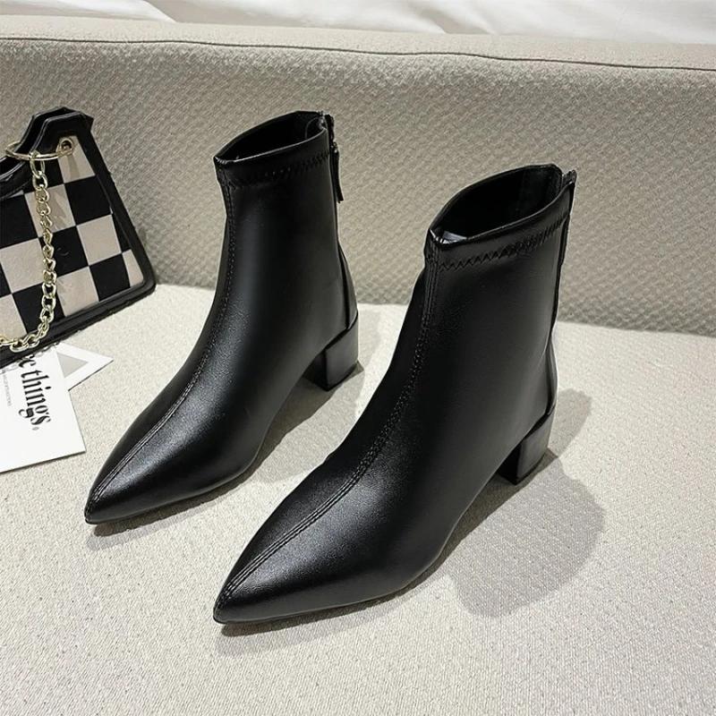 2024 Новые корейские однотонные остроносые короткие ботинки на толстом каблуке с задней молнией для высоких и стройных, короткие ботинки средней высоты каблука для женщин