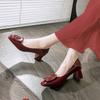 Square Head Shallow Mouth Single Shoes Women's Middle Heel 2025 New Women's Shoes Spring and Autumn French High Heels Thick Heel Red Wedding Shoes