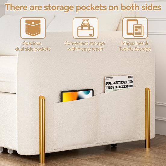 Convertible Sleeper Sofa 3-In-1 Bed, Boucle Loveseat with Put Out Bed And Drawer, Couch Love Seat Side Pockets, 2 Pillows, USB Ports Gold Metal Legs,