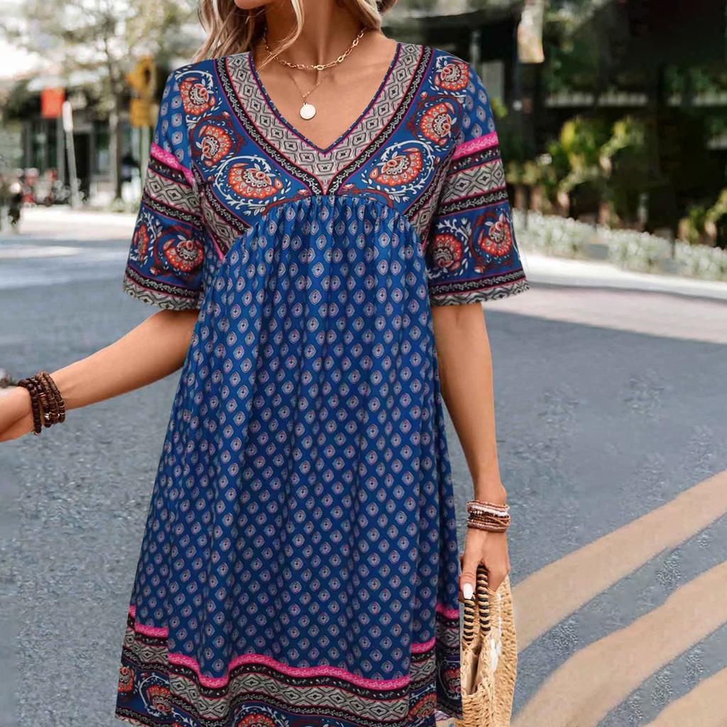 Весенние и летние женские модные повседневные платья с короткими рукавами и принтом в этническом стиле