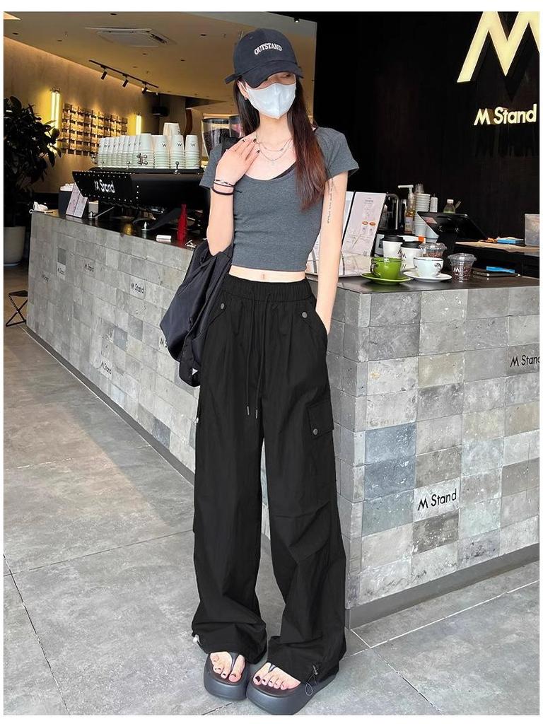 Маленькие женские брюки карго с манжетами - Широкие брюки с высокой талией для альпинизма и спорта, Повседневная одежда на весну/осень