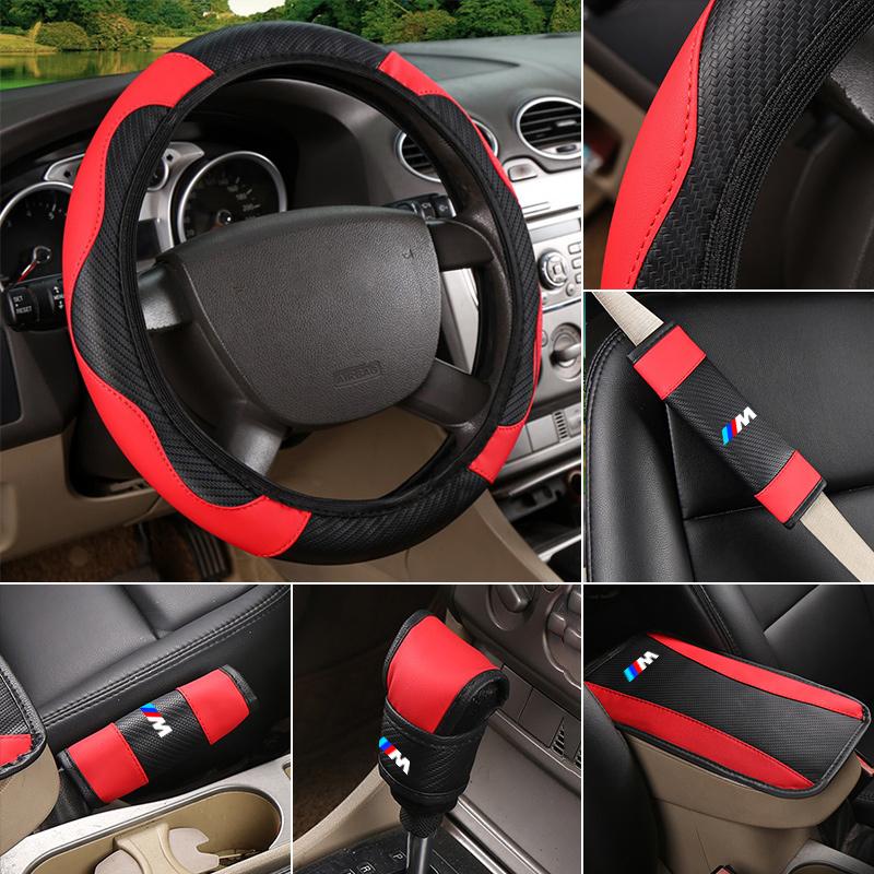 6Pcs Steering Wheel Cover Safety Shoulder Cover Armrest Pad Handbrake Sleeve For BMW 1 3 5 7 Series M X1 X3 X5 F30 M3 M4 E34 E46  VE2