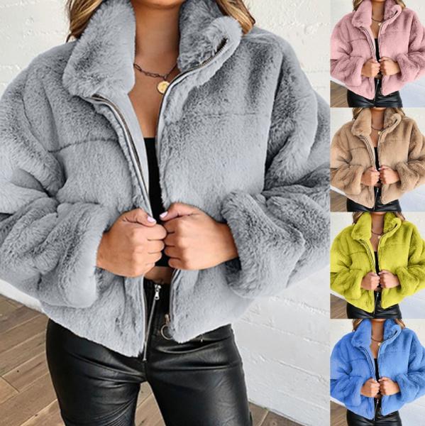 Women Autumn Winter Rabbit Fur Zipper Hooded Coat Warm Plush Cardigan Sweaters Solid Color Jacket Fashion Hoodies for Ladies