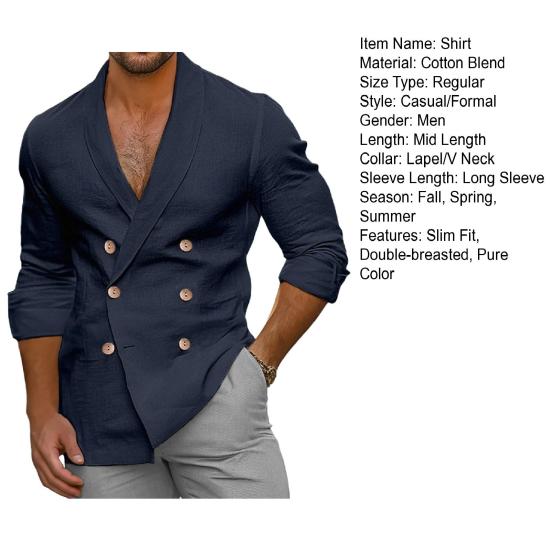 Мужская рубашка на лето и весну с V-образным вырезом, двубортная, однотонная, облегающая, из хлопковой смеси, с лацканами, для офиса и бизнеса, повседневная одежда