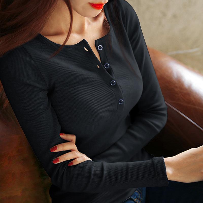 Threaded Cotton Autumn and Winter Women's Base Shirt Button Top Long Sleeve T-shirt All-match Inner Slim and Slim Autumn Clothes