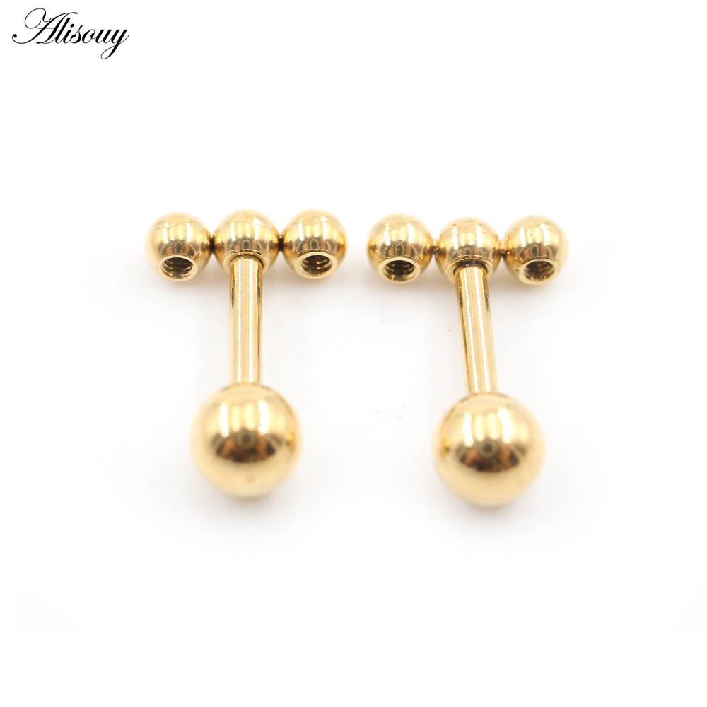 Alisouy 2PC нержавеющая сталь резьба три шарика фасоль женщины мужчины девушка серьги гвоздик хрящ винт серьги пирсинг ювелирные изделия