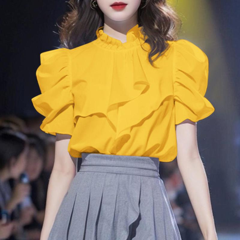 VONDA Женские летние однотонные блузки с воротником-стойкой и коротким рукавом с оборками