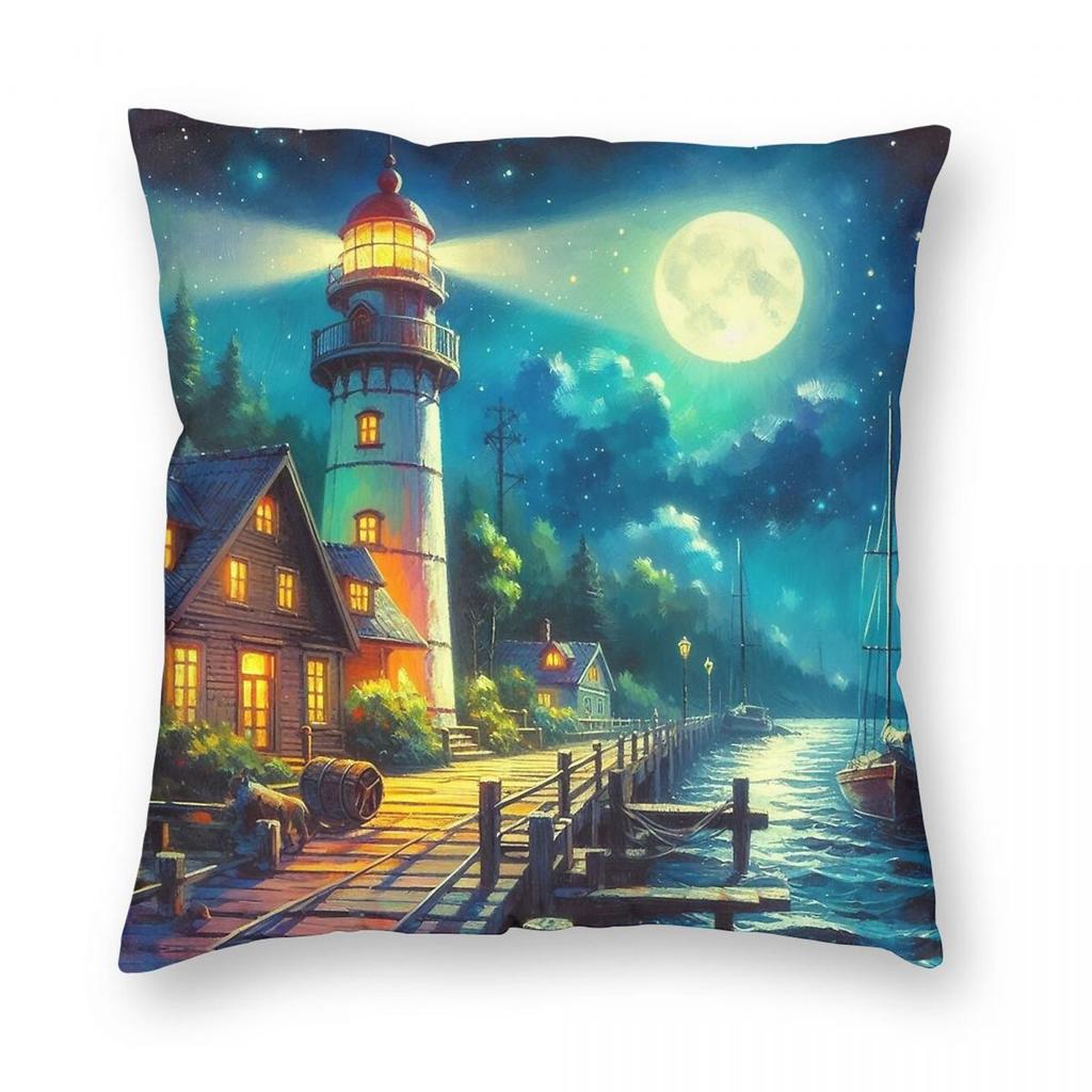 Night Lighthouse Square Pillowcase Polyester Linen Velvet Printed Zip Decorative Throw Pillow Case Sofa Cushion Cover