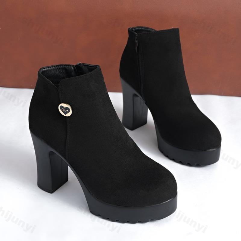 Осенние женские ботильоны на квадратном каблуке с молнией Повседневная женская обувь Кожаные ботинки Женские ботильоны на высоком каблуке Модные женские ботинки Botas Mujer