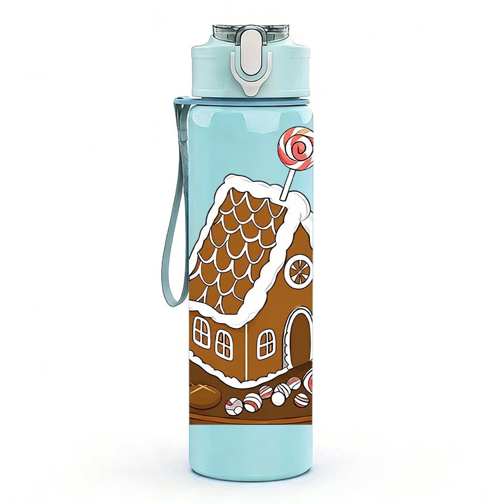 1PC Gingerbread House Candy Pattern 750ml Color Plastic Sports Water Bottle Leakproof Flip Straw Lid Suitable for Sports Office Home Use