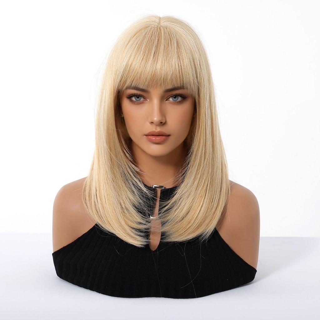 European and American Women's Golden Wig, Straight Bob Style, Medium Length Layered Synthetic Wig, Fashionable and Trendy Women's Wig