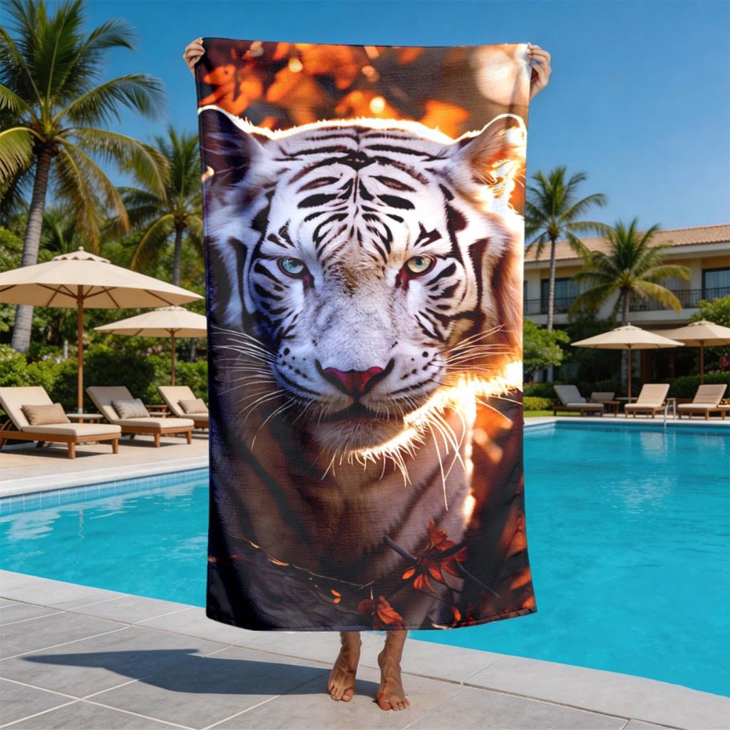 Jungle Light and Shadow White Tiger polyester microfiber beach towel is highly absorbent suitable for swimming and beach outings
