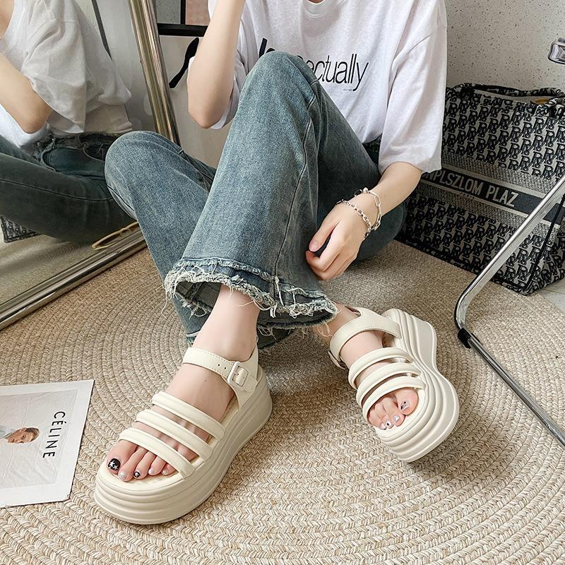 New Korean Version of Summer Temperament Sandals Women's Muffin Thick Sole One-word Buckle Casual Roman Shoes Tide Wholesale