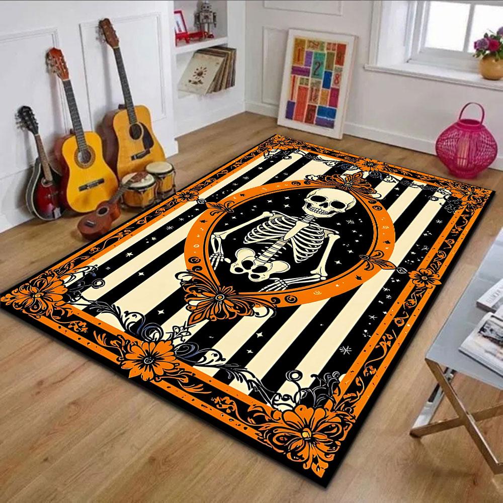 "Vintage Skeleton with Floral Frame" Patterned carpet, non slip mat suitable for living room and bedroom sofas