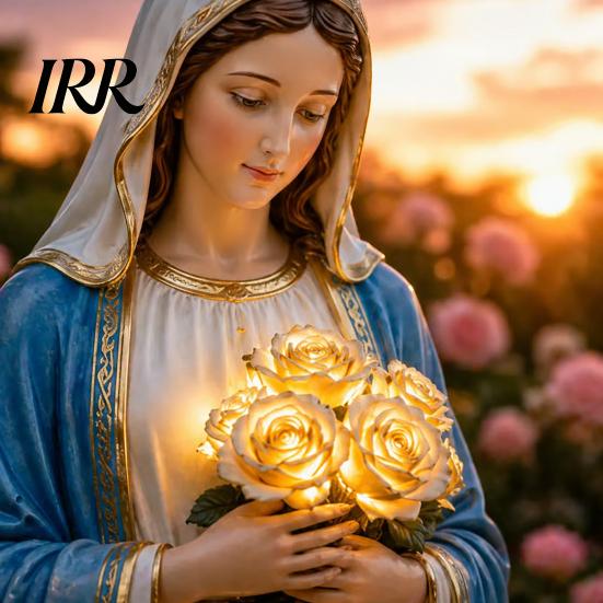 Weatherproof Christian Garden Decor Virgin Mary Light, Outdoor Statue with LED Glowing Rose, Blessed Mother Soft Golden Glow Lamp Figurine for