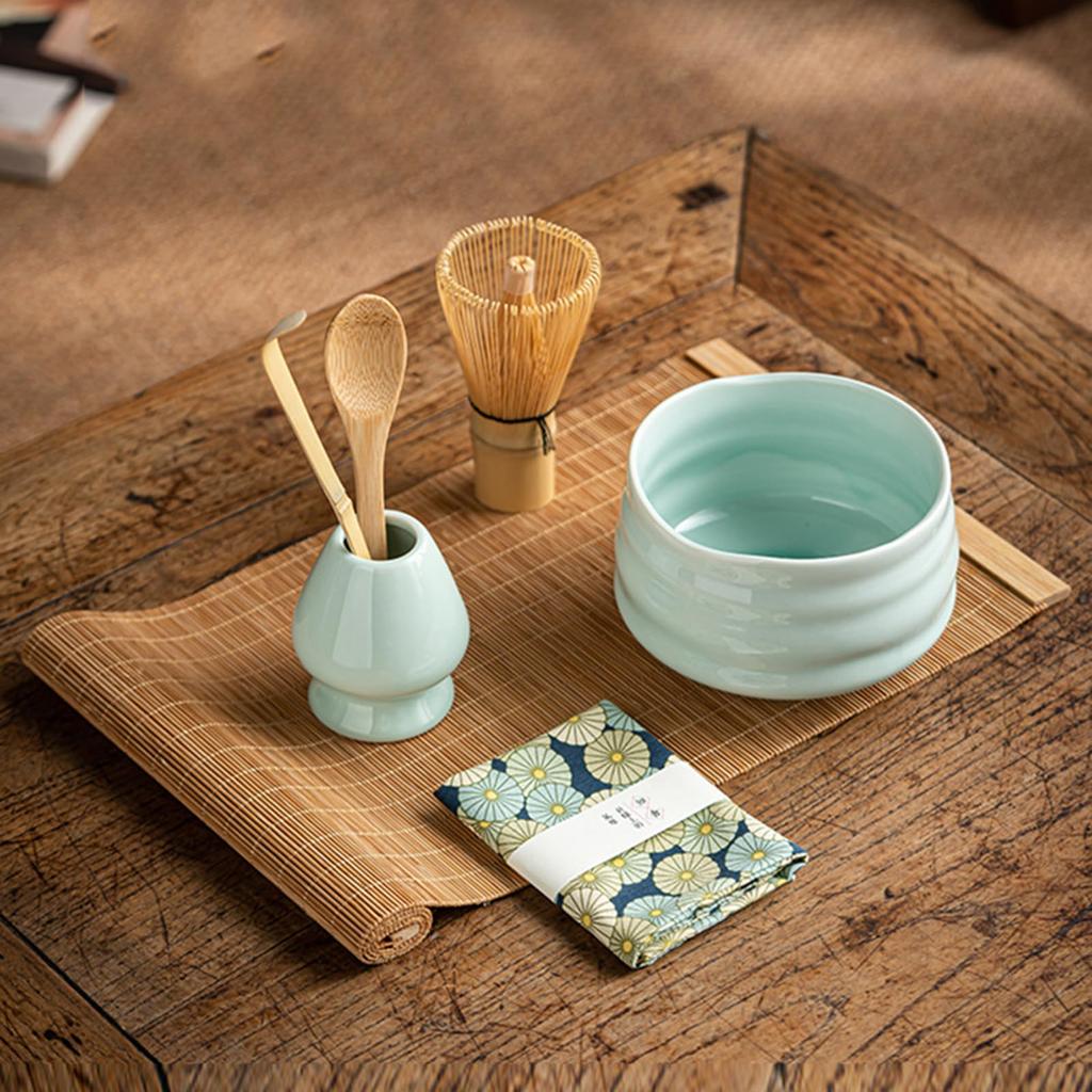 Matcha Tea Ceremony Japanese Tea Ceremony Tea Chashaku Matcha and Whisk 7-Piece Set, Utensils, Bowl, 100-Standing Chasen, (Tea Scoop), Powder, (Green)