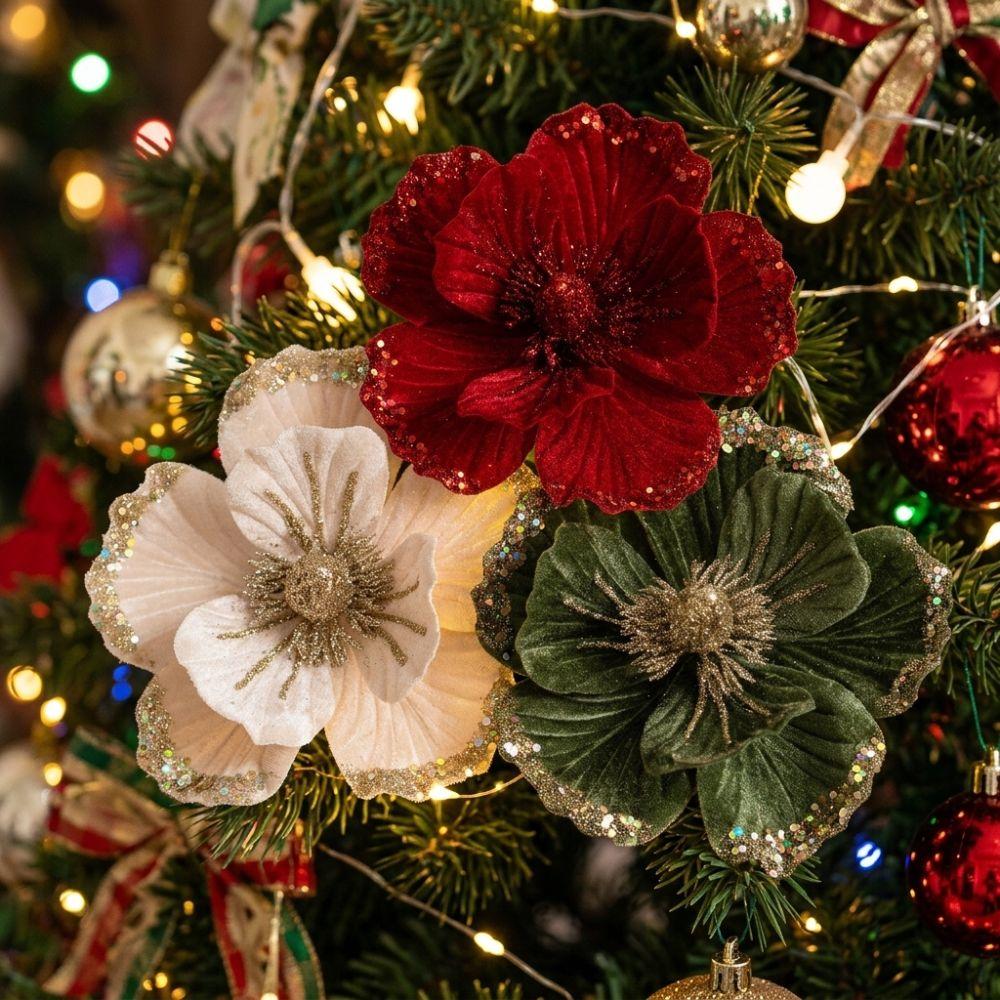 Velvet Fabric Artificial Poinsettia Flower Sparkling Xmas Floral Pick Accessory Party
