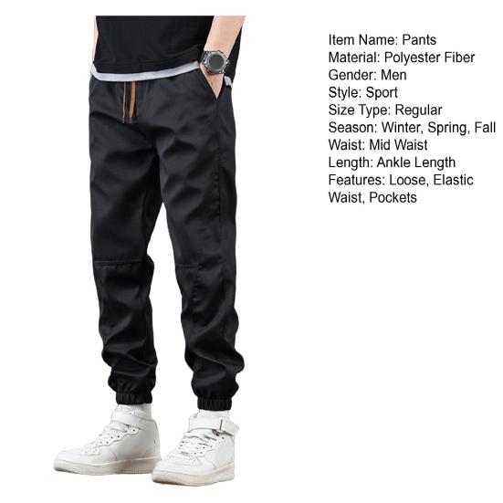 Весна Осень Мужские брюки-карго Свободные эластичные брюки на завязках на талии Множество карманов Однотонные спортивные брюки больших размеров с резинкой на щиколотке Повседневные брюки Ninth