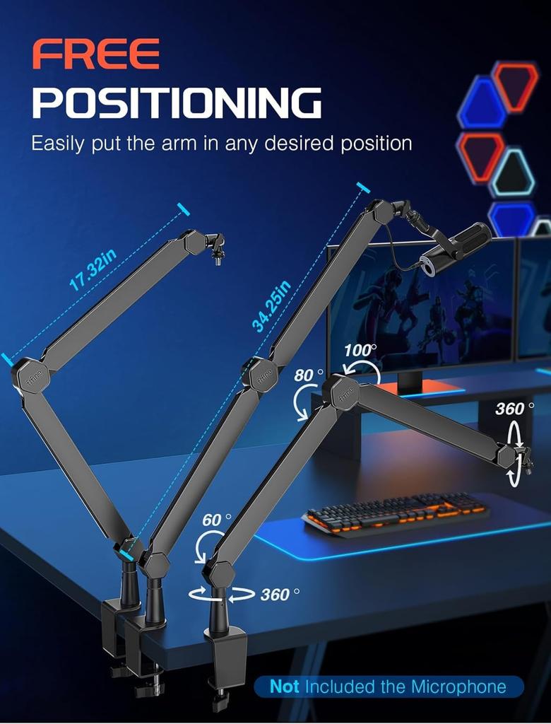 FIFINE Стойка-пантограф для микрофона, Настольная микрофонная стойка с удлинительной штангой, Телескопическая и складная, Вращение на 360°, Регулируемый угол, 14" до 38"