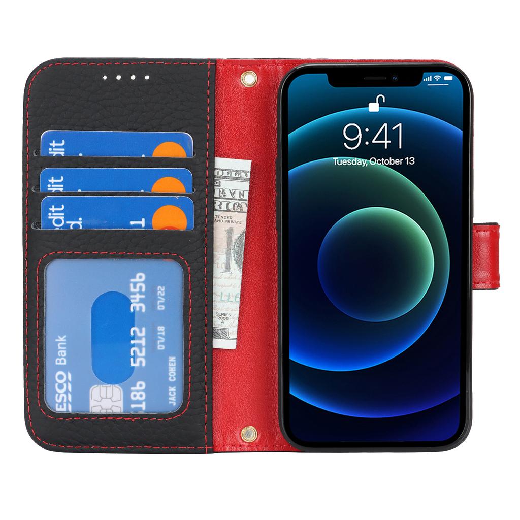 For iPhone 13 mini Stand Case Litchi Texture Genuine Cow Leather Wallet Phone Cover RFID Blocking