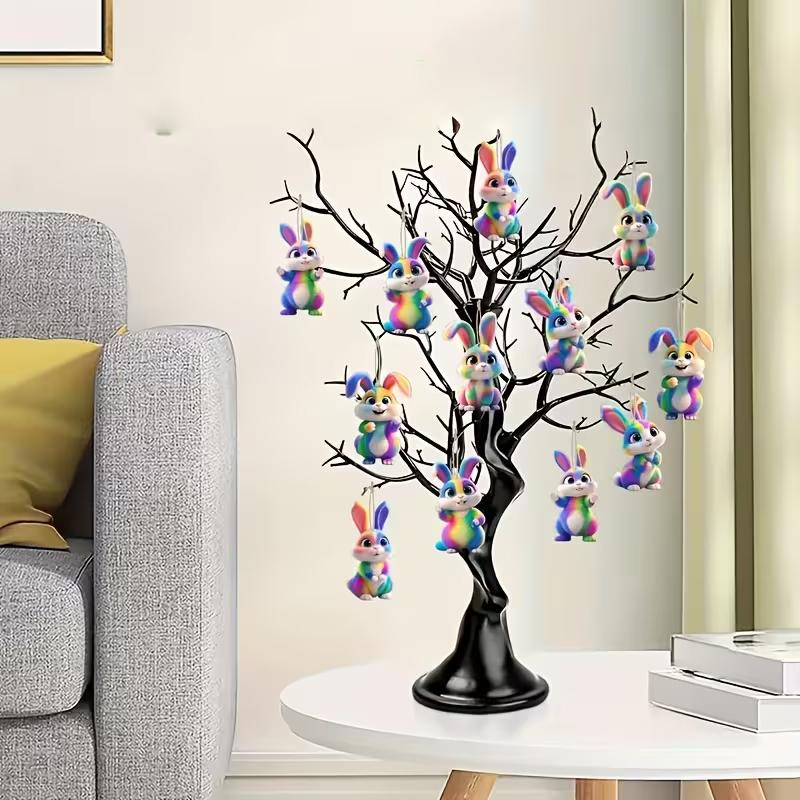 6PCS 2D flat wooden Easter bunny with a cute colorful design, featuring a wooden interior and pastoral hanging decorations