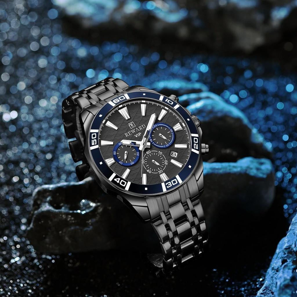 Mens Chronograph Watch Stainless Steel Waterproof Luminous Quartz Wristwatch with Date Window