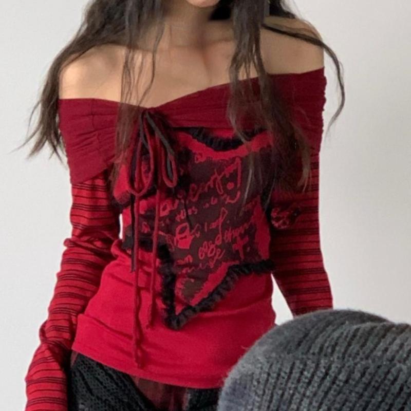 Модные футболки с буквенным принтом Harajuku Y2k 2024, полосатые футболки с длинными рукавами и открытыми плечами, уличная одежда, женские футболки с вырезом в стиле гранж