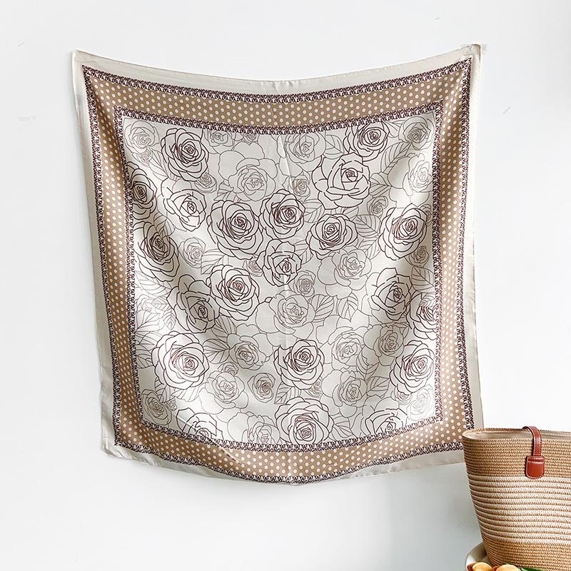 1116 New Camellia Print Silk Scarf, Summer Thin High-End Korean Fashion Chest Wrap Square Scarf and Headscarf Decoration
