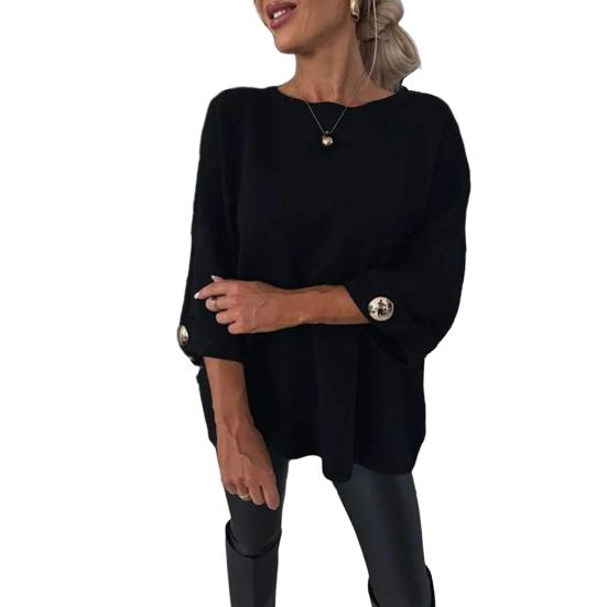 Женская рубашка с круглым вырезом, длинный рукав, повседневный свитер, куртка с яркими манжетами на пуговицах, свободный трикотажный топ для повседневной носки