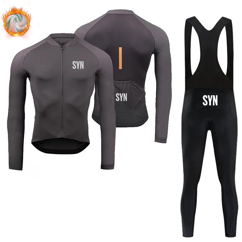 BIEHLER-Thermal Fleece Cycling Clothing Long Sleeves Warm Jersey Set Windproof Sportswear MTB Road Bike Winter