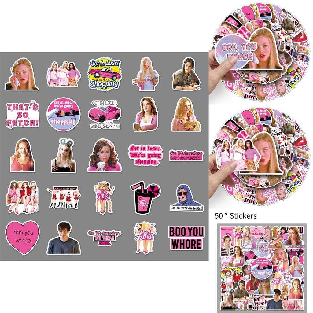 50pcs Mean Girls Laptop Suitcase Stickers Adorable Style 4 Color Print