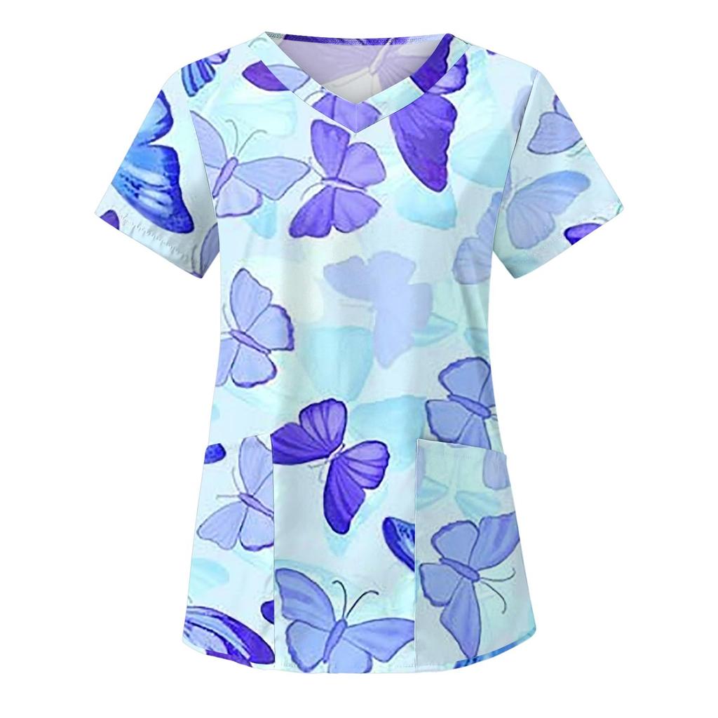 Women Fashion Butterfly Print V-neck Short Sleeve Workwear With Pockets Tops