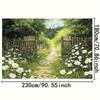 1pc rural garden themed background with wooden fences, paths, daisies, and lush green plants