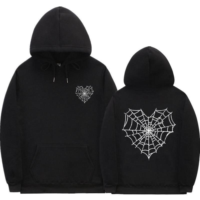 Gothic Spiderweb Print Hooded Sweatshirt Unisex Oversized Pullover With Ribbed Hem Fall