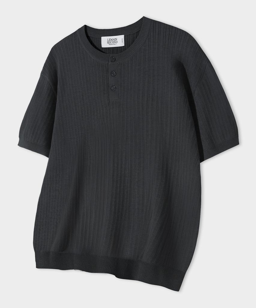 LEMAIN SECOND Classic Henley Neck Washable Short Sleeve Knit [Charcoal]