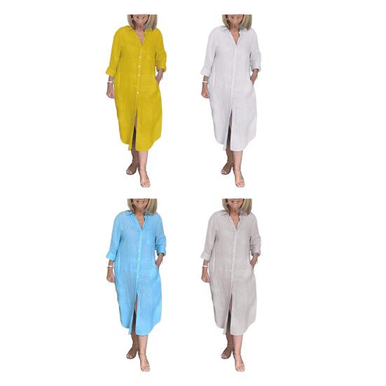 Women's Long Sleeve Button Down Shirt Dress Loose Cotton Linen V Neck Long Dress with Pockets Summer Casual Outfit